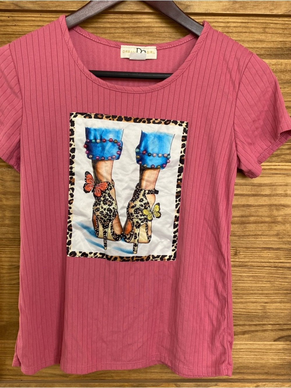Dreamgirl Pink Ribbed Tee with rhinestones and bead accents Girls 14/16